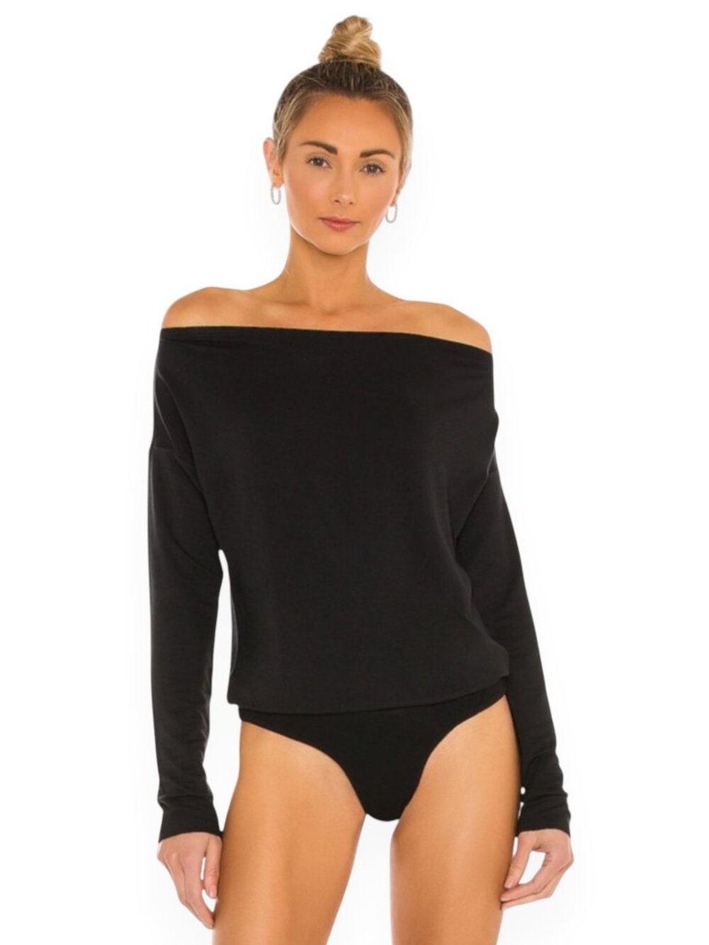 Paige Black Suvi Off the Shoulder Bodysuit Long Sleeve Blouson Top NWT New L